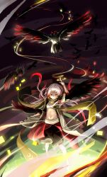 Rule 34 | 1girl, arm up, bird, crow, female focus, highres, light, long hair, midriff, navel, outdoors, pixiv fantasia, pixiv fantasia 5, pointing, red eyes, sky, solo, white hair, wind, wings, zhao shuwen