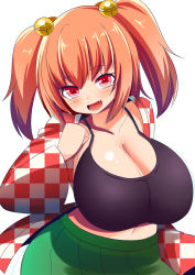 Rule 34 | 1girl, alternate breast size, bell, breasts, checkered clothes, checkered shirt, cleavage, fang, gero zoukin, hair bell, hair ornament, highres, large breasts, motoori kosuzu, open mouth, red eyes, red hair, shirt, short hair, solo, touhou, twintails, two side up