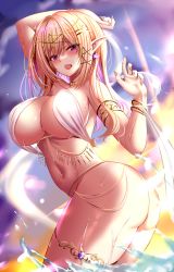 Rule 34 | 1girl, arched back, armlet, ass, blonde hair, breasts, cleavage, covered erect nipples, dancer, earrings, elf, hair ornament, harem outfit, highres, jewelry, kuro (tbm9187), large breasts, navel, necklace, original, pink eyes, pointy ears, purple eyes, revealing clothes, thigh strap, thighlet, thighs