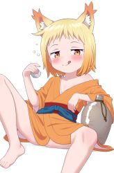 Rule 34 | 1girl, :q, animal ears, barefoot, blonde hair, blush, choko (cup), commentary, cup, fox ears, gradient hair, highres, holding, holding cup, japanese clothes, kimono, knee up, licking lips, looking at viewer, multicolored hair, orange eyes, orange hair, orange kimono, paid reward available, seductive smile, sengoku youko, shino (shinokani), short hair, simple background, single bare shoulder, sitting, smile, solo, spread legs, squeans, tama youko, tokkuri, tongue, tongue out, two-tone hair, variant set, white background