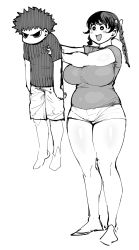 Rule 34 | 1boy, 1girl, angry, bad id, bad tumblr id, belly, black eyes, black hair, braid, breasts, clothes writing, dekkano!!, denim, denim shorts, full body, greyscale, hair bobbles, hair ornament, happy, height difference, highres, huge breasts, lifting person, long hair, monochrome, mucchan, muffin top, open mouth, plump, shirt, short hair, short shorts, shorts, size difference, smile, spiked hair, standing, suzurikawa sasha, synecdoche, t-shirt, thick arms, thick thighs, thighs, twin braids