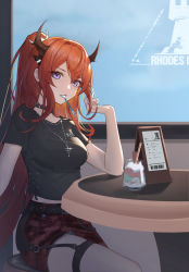 Rule 34 | 1girl, arknights, black collar, black shirt, collar, commentary, cross, cross necklace, demon horns, food, garter belt, gtower, highres, horns, ice cream, jewelry, long hair, looking at viewer, mouth hold, necklace, official alternate costume, ponytail, purple eyes, red hair, red skirt, shirt, sitting, skirt, solo, spoon, surtr (arknights), surtr (liberte echec) (arknights), table, utensil in mouth, very long hair