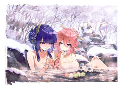 2girls animal_ears blush breasts cleavage dango dango_milk_(genshin_impact) fan_hair_ornament flower food fox_girl genshin_impact hair_flower hair_ornament highres juffles mole mole_under_eye multiple_girls nail_polish naked_towel official_alternate_hairstyle onsen parted_bangs partially_submerged pink_nails purple_eyes purple_hair purple_nails raiden_shogun reading sanshoku_dango sidelocks smile snow towel tray wagashi water yae_miko yuri