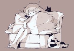 Rule 34 | 1girl, animal, bare legs, barefoot, black cat, braid, calico, cat, closed eyes, couch, envy (otoca d&#039;or), full body, hair ornament, leoharju, long hair, monochrome, no headwear, hugging object, on couch, otoca d&#039;or, pillow, pillow hug, simple background, sitting, sleeping, sleeping upright, snoring, twin braids, very long hair, zzz