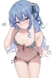 bikini blue_eyes blue_hair blush breasts highres hololive hoshimachi_suisei kohaku_(csacu) looking_at_viewer medium_breasts navel simple_background solo string_bikini swimsuit virtual_youtuber wet white_background