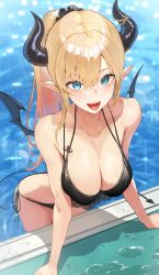 Rule 34 | 1girl, bikini, black bikini, blonde hair, blue eyes, blush, breasts, butt crack, cleavage, demon girl, demon horns, demon tail, demon wings, fangs, green eyes, highres, hololive, horns, kakage, large breasts, long hair, looking at viewer, open mouth, pointy ears, pool, side-tie bikini bottom, solo, swimsuit, tail, tongue, tongue out, virtual youtuber, wading, water, wet, wings, yuzuki choco, yuzuki choco (hololive summer 2019)