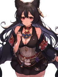 Rule 34 | 1girl, animal ears, bad id, bad pixiv id, bags under eyes, bare shoulders, black hair, black skirt, blush, breasts, cleavage, cowboy shot, earrings, erune, gold trim, granblue fantasy, highres, jewelry, koretsuki azuma, large breasts, long hair, looking at viewer, nier (granblue fantasy), parted lips, red eyes, simple background, single earring, skirt, solo, white background