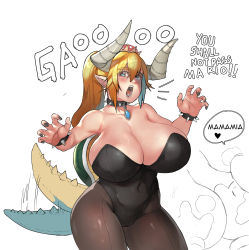 Rule 34 | 1boy, 1girl, absurdres, bare shoulders, black leotard, black nails, black pantyhose, blonde hair, blue eyes, bowsette, bracelet, breasts, cleavage, collar, covered navel, cowboy shot, english text, hair between eyes, hands up, heart, highres, horns, huge breasts, jewelry, kaitsu tokiyas, leotard, long hair, looking at viewer, mario, mario (series), nail polish, new super mario bros. u deluxe, nintendo, open mouth, pantyhose, pointy ears, ponytail, solo, speech bubble, spiked bracelet, spiked collar, spiked tail, spikes, super crown, sweat, tail, thighs, turtle shell, white background
