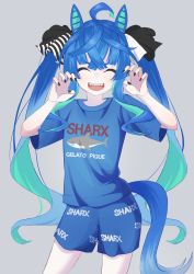 Rule 34 | 1girl, ^ ^, ahoge, animal ears, black nails, blue hair, blue shirt, blue shorts, claw pose, closed eyes, cowboy shot, crossed bangs, facing viewer, gelato pique, grey background, highres, horse ears, horse girl, horse tail, nail polish, open mouth, pomu (pom prin), product placement, sharp teeth, shirt, short sleeves, shorts, simple background, smile, solo, t-shirt, tail, teeth, twin turbo (umamusume), twintails, umamusume, upper teeth only