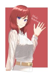 Rule 34 | 1girl, absurdres, belt, border, breasts, brown belt, character name, commentary request, cropped torso, floral print, hand up, highres, long sleeves, looking at viewer, love live!, love live! school idol project, medium breasts, medium hair, nishikino maki, outside border, purple eyes, red background, red hair, s sho mkrn, see-through, see-through sleeves, smile, solo, upper body, white border