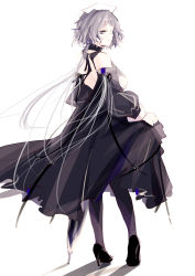 Rule 34 | 1girl, absurdres, arknights, bare shoulders, black dress, black footwear, commentary request, dress, full body, grey eyes, high heels, highres, long hair, long sleeves, pantyhose, partial commentary, silver hair, simple background, skirt hold, solo, standing, very long hair, whisperain (arknights), white background, wuws