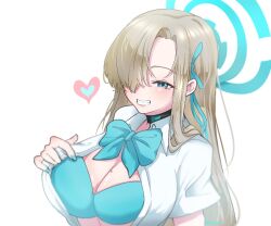 Rule 34 | 1girl, asuna (blue archive), blue archive, blue bra, blue eyes, blue halo, bra, hair over one eye, halo, heart, light brown hair, long hair, looking at viewer, official alternate costume, panvyru, shirt, simple background, solo, underwear, upper body, white background, white shirt
