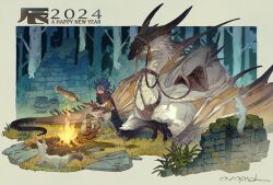Rule 34 | 1boy, 2024, animal, ankle boots, black cape, blue eyes, blue hair, boots, border, brown footwear, campfire, cape, chinese zodiac, claws, commentary, cooking, dragon, fantasy, fennec fox, fire, fish (food), forest, from side, grass, happy new year, highres, holding, holding stick, horns, leaf, moss, murayama ryota, nature, new year, night, original, outdoors, outside border, pointy ears, reins, rock, saddle, scenery, short hair, signature, sitting, sitting on rock, slit pupils, spikes, stick, tassel, tree, vase, wide shot, year of the dragon, yellow border