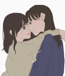 Rule 34 | 2girls, arms around neck, blue shirt, blush, brown hair, brown shirt, closed mouth, commentary, earrings, eye contact, grey eyes, imminent kiss, jewelry, long hair, long sleeves, looking at another, multiple girls, original, parted lips, pizza (2525jdm jdm), shirt, simple background, smile, stud earrings, symbol-only commentary, upper body, white background, yuri