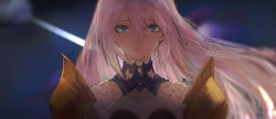 Rule 34 | 1girl, armor, blue eyes, blurry, close-up, depth of field, expressionless, floating hair, hair between eyes, highres, long hair, looking at viewer, pink hair, shioda (shioda 5), shionne (tales), shoulder armor, solo, straight-on, tales of (series), tales of arise