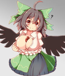 Rule 34 | 1girl, ?, ahoge, bird wings, black skirt, black wings, blouse, blush, bow, breasts, brown eyes, brown hair, cameltoe, closed mouth, clothes pull, collared shirt, commentary request, feet out of frame, frilled skirt, frills, gradient background, green bow, green skirt, grey background, hair bow, haruirokomici, highres, large breasts, layered skirt, long hair, looking at viewer, no bra, open clothes, open shirt, panties, puffy short sleeves, puffy sleeves, reiuji utsuho, see-through, see-through skirt, shirt, shirt pull, short sleeves, skirt, smile, solo, third eye, touhou, underwear, white panties, white shirt, wings