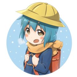 Rule 34 | 1girl, :d, backpack, bag, blue hair, blush, breath, brown eyes, circle, clenched hand, dokka no kuni no kokuou, furutani kaede, hat, looking at viewer, open mouth, scarf, school hat, sideways mouth, smile, snow, snowing, solo, thick eyebrows, upper body, winter, yuru yuri