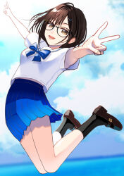 Rule 34 | 1girl, black socks, blue bow, blue skirt, bow, breasts, brown eyes, brown footwear, cloud, day, double v, full body, glasses, hair ornament, hairclip, hami (hami-gerden), highres, jumping, looking at viewer, medium hair, original, outdoors, school uniform, shirt, shoes, short sleeves, skirt, small breasts, smile, socks, solo, v, white shirt