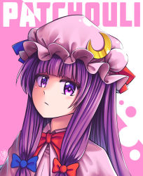Rule 34 | 1girl, absurdres, blue bow, blue ribbon, blunt bangs, blush, bow, bowtie, capelet, character name, closed mouth, commentary, crescent, crescent hat ornament, crescent pin, expressionless, hair bow, hat, hat ornament, hat ribbon, highres, long hair, looking at viewer, mob cap, patchouli knowledge, purple eyes, purple hair, red bow, red bowtie, red ribbon, ribbon, senpaihawkkun, solo, touhou, upper body