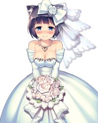 Rule 34 | animal ears, black hair, blue eyes, bouquet, breasts, bridal veil, cat ears, cat tail, cleavage, daibouken! yukeyuke osawari island, dress, elbow gloves, flower, gloves, hair ornament, hair ribbon, holding, ichigo (daibouken! yukeyuke osawari island), jewelry, looking at viewer, necklace, nontan, official art, ribbon, short hair, smile, solo, tail, transparent background, veil, wedding dress