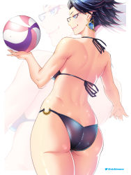 Rule 34 | 1girl, ass, ball, bare shoulders, bayonetta, bayonetta (series), beachball, bikini, black bikini, black hair, blue eyes, breasts, butt crack, earrings, etchimume, female focus, from behind, glasses, jewelry, medium breasts, playing sports, shiny clothes, shiny skin, short hair, sideboob, smile, solo, swimsuit, volleyball, volleyball (object)