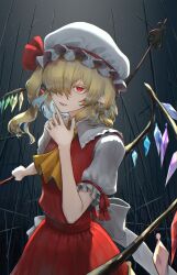Rule 34 | 1girl, bare arms, blonde hair, commentary request, crystal, fang, flandre scarlet, flat chest, hair over one eye, hand up, harapan-kun, hat, highres, holding, holding weapon, laevatein (touhou), long bangs, long hair, medium hair, mob cap, one side up, pointy ears, puffy short sleeves, puffy sleeves, red eyes, short sleeves, solo, touhou, tsurime, weapon, wings