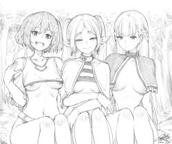 Rule 34 | 3girls, :/, absurdres, areola slip, arm support, bare shoulders, belt, blunt bangs, blush, braid, breasts, capelet, closed mouth, clothing cutout, commentary, dated, earrings, elf, english commentary, expressionless, fkscrashing, forest, frieren, graphite (medium), greyscale, hair behind ear, hair between eyes, half-closed eyes, hand up, hatching (texture), highres, jewelry, kanne (sousou no frieren), lawine (sousou no frieren), linear hatching, long hair, looking at viewer, medium breasts, monochrome, multiple girls, nature, naughty face, navel, nipples, open mouth, outdoors, parted bangs, pointy ears, shirt, short eyebrows, short hair, shoulder cutout, side-by-side, sidelocks, signature, sitting, smile, sousou no frieren, stomach, straight hair, striped clothes, striped shirt, teeth, thick eyebrows, traditional media, tree, twintails, upper teeth only, very long hair