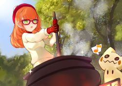 Rule 34 | 1girl, :o, absurdres, andou inari, blue sky, bodysuit, bodysuit under clothes, cauldron, choumi wuti (xueye fanmang zhong), cosplay, creatures (company), crossover, day, dutch angle, eighth note, game freak, gen 7 pokemon, glasses, gloria (pokemon), gloria (pokemon) (cosplay), green eyes, hat, highres, holding, long hair, long sleeves, mimikyu, musical note, nijisanji, nintendo, orange hair, outdoors, parted lips, pokemon, pokemon swsh, puffy long sleeves, puffy sleeves, red-framed eyewear, red bodysuit, red headwear, sky, smoke, sparkle, spoken musical note, stirring, sweater, tam o&#039; shanter, tree, virtual youtuber, virtuareal, vr link, white sweater