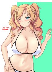 Rule 34 | 1girl, ;o, bikini, blonde hair, blue eyes, bow, breasts, collarbone, cowboy shot, drill hair, green bow, hand on own hip, highres, honolulu (kancolle), kantai collection, large breasts, long hair, looking at viewer, montemasa, navel, official alternate costume, one eye closed, solo, swimsuit, twin drills, twintails, two-tone background, white background, white bikini