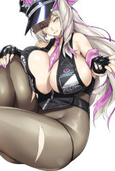 Rule 34 | 1girl, armband, bare shoulders, bikini, black bikini, black gloves, black hat, blush, bnc (bunshi), breasts, cleavage, cosplay, fate/grand order, fate (series), fingerless gloves, gloves, grey pantyhose, hair ornament, halterneck, hat, huge breasts, knee up, long hair, looking at viewer, marie antoinette (alter) (fate), marie antoinette (fate), multicolored hair, necktie, pale skin, pantyhose, parted lips, pink hair, pink necktie, police hat, sesshouin kiara (swimsuit mooncancer) (cosplay), sessyoin kiara, sessyoin kiara (swimsuit mooncancer), sessyoin kiara (swimsuit mooncancer) (second ascension), side ponytail, sideboob, silver hair, simple background, smile, solo, streaked hair, swimsuit, thick thighs, thighs, very long hair, white background, yellow eyes
