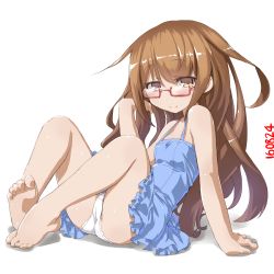 Rule 34 | 10s, 1girl, adjusting hair, arm support, barefoot, blush, camisole, dd (ijigendd), feet, full body, glasses, hair flaps, kantai collection, legs, legs up, long hair, looking at viewer, mochizuki (kancolle), panties, pantyshot, red-framed eyewear, simple background, sitting, solo, underwear, very long hair, white background