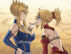 Rule 34 | 2girls, ahoge, artoria pendragon (fate), artoria pendragon (lancer) (fate), back, blonde hair, blue dress, blue ribbon, braid, breasts, bubble tea, bubble tea challenge, cleavage, collar, crown, cup, detached sleeves, dress, drinking straw, fate/apocrypha, fate/grand order, fate (series), french braid, green eyes, hair bun, hair ornament, hair scrunchie, hands on own hips, height difference, highres, hunched over, large breasts, mature female, mordred (fate), mordred (fate/apocrypha), mother and daughter, multiple girls, profile, red collar, red scrunchie, red skirt, ribbon, scrunchie, shaded face, sidelocks, single hair bun, skirt, small breasts, smile, tonee, turn pale, unamused
