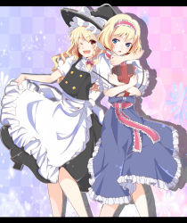 Rule 34 | 2girls, :d, ;d, alice margatroid, apron, arm around neck, bad id, bad pixiv id, blonde hair, blue eyes, book, bow, braid, checkered background, clothes lift, dress, fang, female focus, frills, hair bow, hairband, highres, kirisame marisa, letterboxed, light particles, long hair, multiple girls, one eye closed, open mouth, saionji yuri, sash, short hair, skirt, skirt hold, skirt lift, smile, touhou, waist apron, wink, yellow eyes