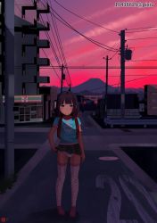 Rule 34 | 1girl, 7-eleven, backpack, bag, black hair, blue eyes, building, child, closed mouth, clothes lift, door, female focus, full body, looking at viewer, mountain, original, outdoors, panties, plant, polka dot, polka dot legwear, print shirt, red sky, road, shirt, shoes, short sleeves, skirt, skirt lift, sky, smile, solo, sora hasama, standing, storefront, street, underwear, window