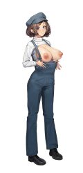 Rule 34 | 1girl, beeeeen, black footwear, blue eyes, blue hat, breast cutout, breasts, breasts out, brown hair, closed mouth, copyright request, denim, hat, highres, large breasts, looking at viewer, nipples, no bra, overalls, peaked cap, shirt, short hair, simple background, smile, solo, standing, suspenders, white shirt