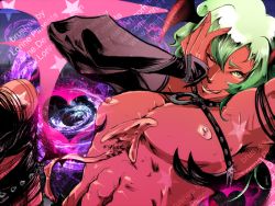Rule 34 | 10s, 1boy, abs, androgynous, collar, colored skin, demon, demon boy, elbow gloves, gender request, genderswap, gloves, green hair, male focus, muscular, nipples, panty &amp; stocking with garterbelt, red skin, scanty (psg), tongue, wink, yellow eyes