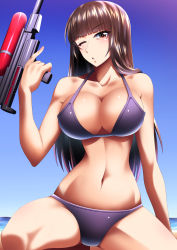 Rule 34 | 1girl, ;o, absurdres, beach, bikini, blue bikini, blue sky, blunt bangs, breasts, brown eyes, brown hair, clear sky, cleavage, commentary request, day, girls und panzer, half-closed eyes, halterneck, highres, holding, horizon, large breasts, long hair, looking at viewer, miraino tsubasa, navel, nishizumi shiho, one eye closed, outdoors, partial commentary, sky, solo, squatting, straight hair, swimsuit, water gun