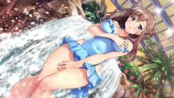 Rule 34 | 1girl, blue eyes, blue one-piece swimsuit, blush, breasts, brown hair, casual one-piece swimsuit, cleavage, covered navel, dutch angle, game cg, hair bun, hair ornament, hairclip, hand on own chest, highres, indoors, knees together feet apart, large breasts, long hair, looking at viewer, onaji class no idol-san. around me is full by a celebrity., one-piece swimsuit, open mouth, shouna mitsuishi, side bun, single side bun, solo, standing, swimsuit, water, waterfall, yuuki wako