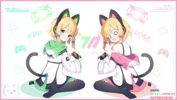 Rule 34 | 2girls, absurdres, animal ear headphones, animal ears, black thighhighs, blonde hair, blue archive, blush, border, bow, cat ear headphones, cat tail, closed mouth, exusiai dust, fake animal ears, flying sweatdrops, full body, green bow, green eyes, green halo, hair bow, halo, handheld game console, headphones, highres, holding, holding handheld game console, jacket, long sleeves, looking at viewer, midori (blue archive), momoi (blue archive), multiple girls, open mouth, pink border, pink halo, playing games, shirt, short hair, sitting, smile, soles, sweatdrop, tail, thighhighs, toes, wariza, white jacket, white shirt