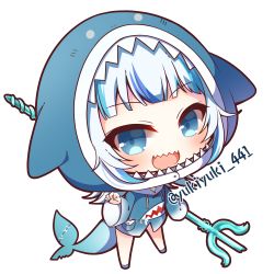 Rule 34 | 1girl, :d, animal hood, big head, blue eyes, blue hair, blue hoodie, blue nails, chibi, commentary request, drawstring, fins, fish tail, full body, gawr gura, gawr gura (1st costume), hololive, hololive english, hood, hood up, hoodie, long hair, long sleeves, looking at viewer, multicolored hair, nail polish, open mouth, polearm, shark hood, shark tail, sharp teeth, simple background, smile, solo, standing, streaked hair, tail, teeth, trident, twitter username, virtual youtuber, weapon, white background, wide sleeves, yukiyuki 441