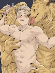 Rule 34 | 2boys, animal ears, arm grab, arm up, bara, black background, blonde hair, blush, body fur, brown fur, claws, commentary request, completely nude, dungeon meshi, extra arms, extra eyes, extra hands, furry, furry male, furry with non-furry, hand up, highres, horns, interspecies, laios touden, lion boy, lion ears, looking at another, male focus, mane, multiple boys, nipples, nude, open mouth, shirako (kirupi), short hair, simple background, sparse navel hair, toned, toned male, tongue, tongue out, upper body, very short hair, winged lion (dungeon meshi), yellow eyes