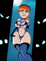 Rule 34 | 1girl, april o&#039;neil, blue eyes, breasts, choker, cleavage, elbow gloves, fang, female focus, gloves, grimphantom, headband, highres, large breasts, leotard, moon, orange hair, solo, teenage mutant ninja turtles, thick thighs, thighhighs, thighs, tongue, tongue out, vampire, wide hips