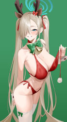 Rule 34 | 1girl, alternate costume, animal ears, antlers, arm behind back, asuna (blue archive), bare shoulders, bell, bikini, blonde hair, blue archive, blue eyes, blue halo, blush, breasts, christmas, cleavage, commentary, fake animal ears, fake antlers, gdd (vkejr702), green background, hair ornament, hair over one eye, hair ribbon, halo, highres, horns, large breasts, long hair, looking at viewer, mole, mole on breast, navel, one eye covered, red bikini, red ribbon, ribbon, side-tie bikini bottom, simple background, smile, solo, swimsuit, symbol-only commentary, teeth, thighhighs, thighs, twintails, very long hair, white thighhighs, wrist cuffs
