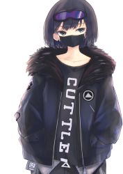 Rule 34 | 1girl, absurdres, andreana (arknights), arknights, black hair, black jacket, black shirt, blue eyes, collarbone, fur-trimmed jacket, fur trim, goggles, goggles on head, hands in pockets, highres, jacket, long sleeves, mask, mouth mask, open clothes, open jacket, shirt, short hair, simple background, solo, surgical mask, tokoi, white background