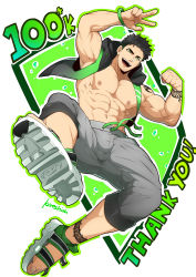 Rule 34 | 1boy, abs, absurdres, arm tattoo, armpits, artist name, bara, biceps, black hair, bracelet, flexing, green eyes, highres, hood, hoodie, jacket, jewelry, jumping, kuroshinki, large pectorals, leg tattoo, looking at viewer, male focus, manly, mature male, muscular, muscular male, navel, nipples, open clothes, open jacket, open mouth, original, pectorals, sandals, short hair, shoulder tattoo, smile, solo, spiked hair, tattoo, teeth, text focus, thank you, thick arms, thick eyebrows, thick thighs, thighs, tongue, v, veins, veiny arms