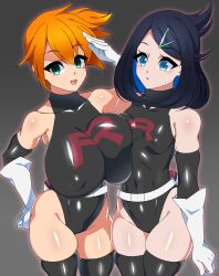 Rule 34 | 2girls, alternate breast size, armpits, asymmetrical hair, blue eyes, blue hair, breast press, breasts, covered erect nipples, covered navel, cowboy shot, creatures (company), female focus, game freak, green eyes, gym leader, hair tie, hat, highres, huge breasts, latex, liko (pokemon), long hair, misty (pokemon), multiple girls, navel, nintendo, nipples, orange hair, pale skin, pokemon, pokemon (anime), pokemon (creature), pokemon horizons, pokemon rgby, ponytail, short hair, side ponytail, simple background, small breasts, smile, team rocket, team rocket uniform, thick thighs, thighhighs, thighs, wide hips, xenoxeno
