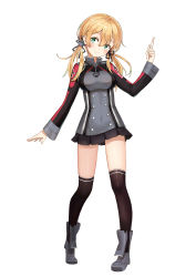 Rule 34 | 10s, 1girl, absurdres, black ribbon, black skirt, black thighhighs, blonde hair, full body, green eyes, hair between eyes, hair ribbon, head tilt, highres, index finger raised, kantai collection, long hair, looking at viewer, microskirt, pleated skirt, prinz eugen (kancolle), ribbon, shiny clothes, simple background, skirt, smile, solo, standing, thighhighs, twintails, white background, yuhuan