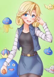 Rule 34 | 1girl, android 18, android 18 (cosplay), anti (untea9), belt, blonde hair, blue eyes, blush, breasts, cosplay, denim, dragon ball, dragon ball (object), dragon quest, dragonball z, gradient background, green background, highres, jacket, janus (kancolle), kantai collection, king slime (dragon quest), long hair, long sleeves, looking at viewer, open mouth, pants, pantyhose, shirt, short hair, skirt, slime (dragon quest), small breasts, smile