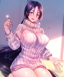 Rule 34 | 1girl, :d, black hair, breasts, dolphin shorts, fate/grand order, fate (series), hand up, lap pillow invitation, large breasts, long hair, mature female, minamoto no raikou (fate), moe (hamhamham), open mouth, purple eyes, ribbed sweater, short shorts, shorts, sitting, smile, solo, sweater, very long hair