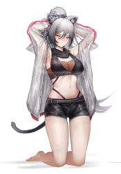 Rule 34 | 1girl, absurdres, animal ear fluff, animal ears, arknights, armpits, arms behind head, arms up, bare legs, barefoot, black scarf, black shorts, breasts, cat ears, cat tail, cleavage, closed eyes, commentary, crop top, grey hair, hair between eyes, highres, jacket, large breasts, long hair, long sleeves, midriff, navel, onedr, open clothes, open jacket, ponytail, scarf, schwarz (arknights), short shorts, shorts, simple background, sleeveless, solo, stomach, tail, thighs, white background
